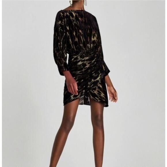 Zara Velvet Burn Out Glittery Puff Sleeves Tulip Dress Size Small Black Gold - Picture 1 of 10